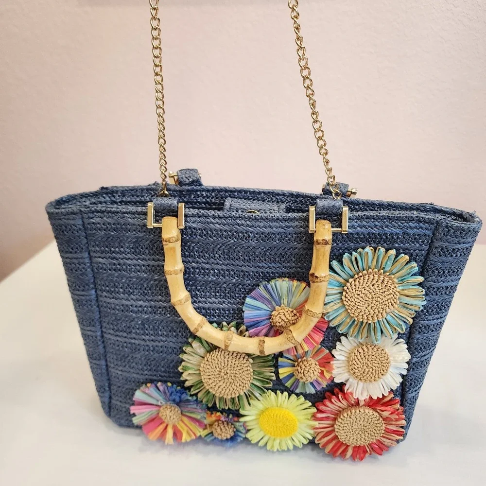 Haute Hippie Women's Straw Raffia Bag Purse With Gold Tone Chain Retro Ladylike